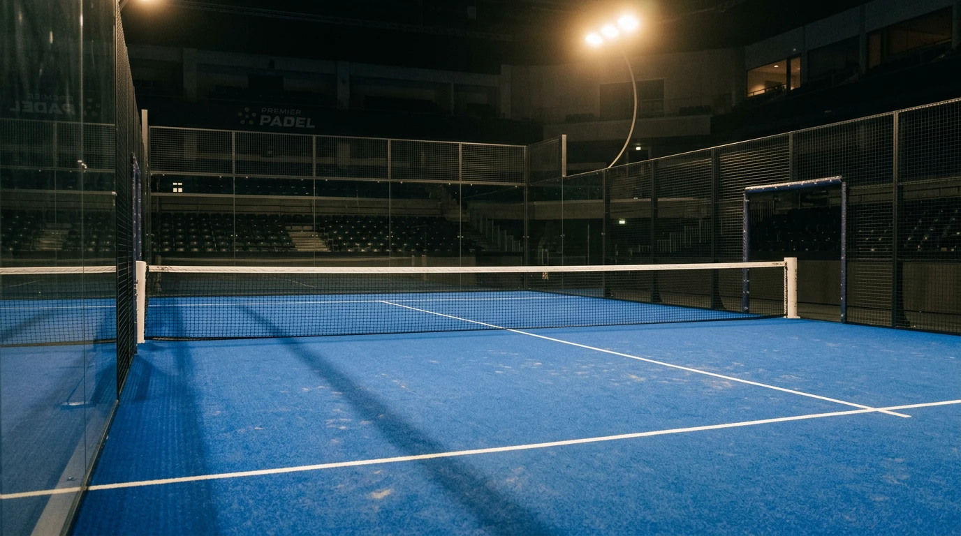 Pista central de pádel iluminada antes del inicio de un torneo profesional Premier Padel en España