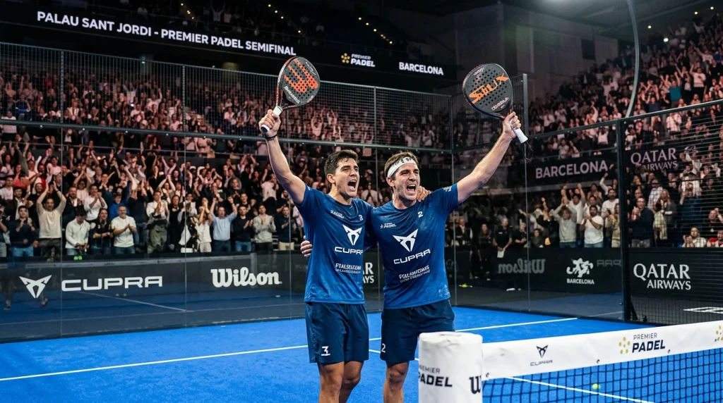 Dos jugadores de pádel celebrando un punto decisivo durante una semifinal del Premier Padel