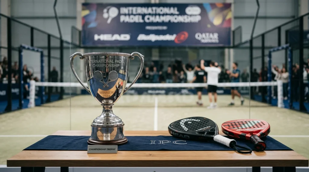 Trofeo de pádel sobre una mesa con un cuadro de eliminatoria impreso y bolígrafo marcando los favoritos