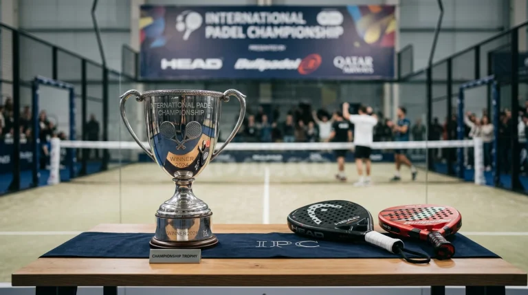 Trofeo de pádel sobre una mesa con un cuadro de eliminatoria impreso y bolígrafo marcando los favoritos