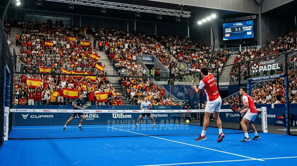 Pista de pádel del Madrid Premier Padel con público local animando desde las gradas y banderas españolas