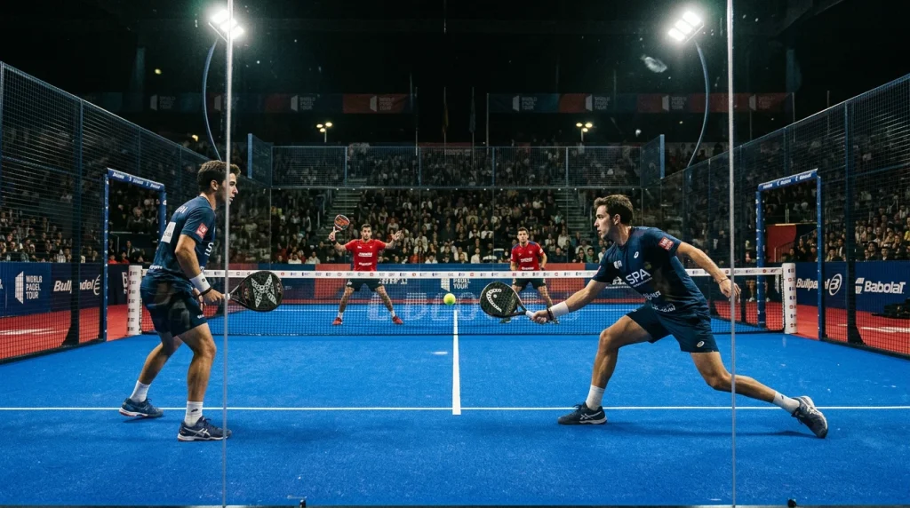 Pista de pádel iluminada con un gráfico superpuesto que muestra el movimiento punto a punto de una cuota en directo