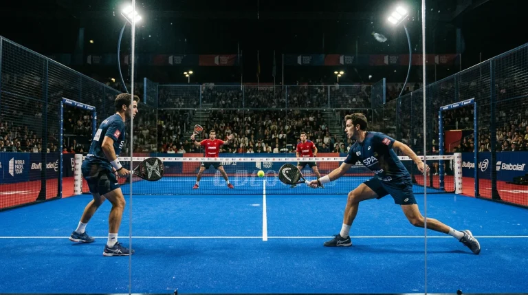 Pista de pádel iluminada con un gráfico superpuesto que muestra el movimiento punto a punto de una cuota en directo