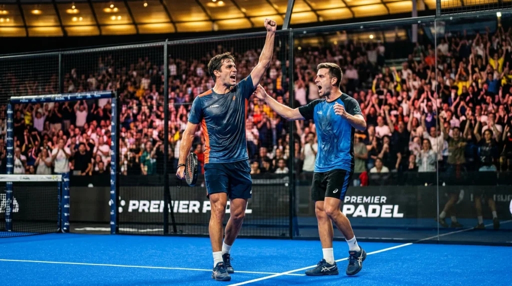 Pareja de jugadores celebrando un punto en un torneo del Qatar Airways Premier Padel Tour