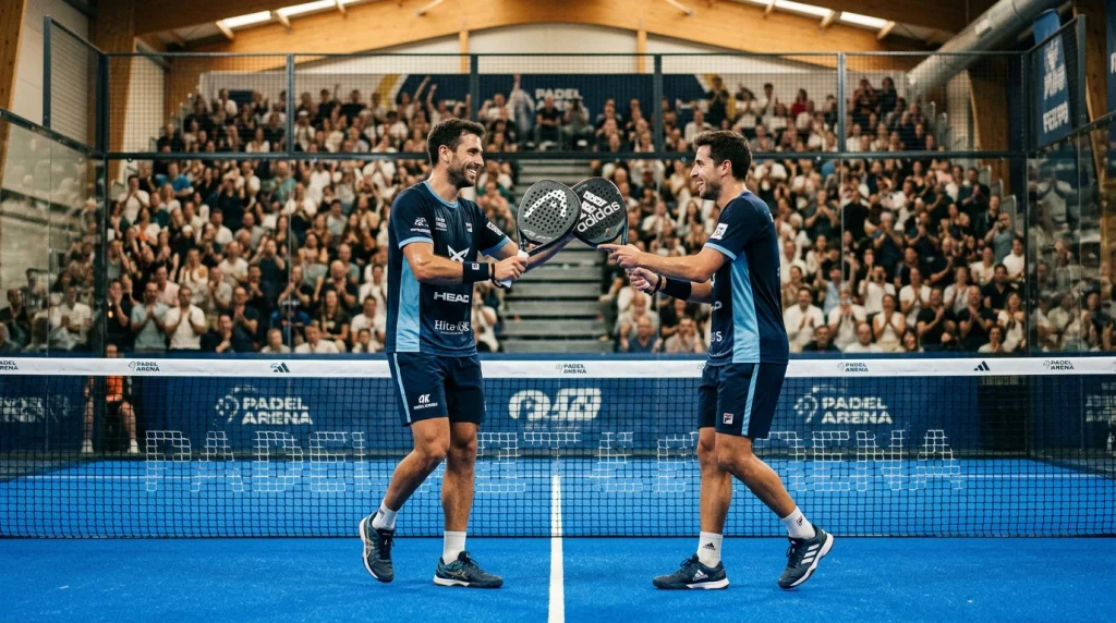 Pareja de jugadores de pádel chocando palas tras un punto en una pista del Premier Padel