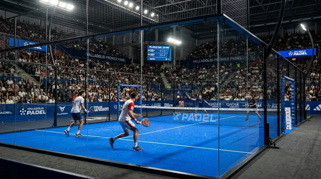 Pista central del Valladolid Premier Padel con grada llena y publicidad en el lateral durante un partido de cuartos