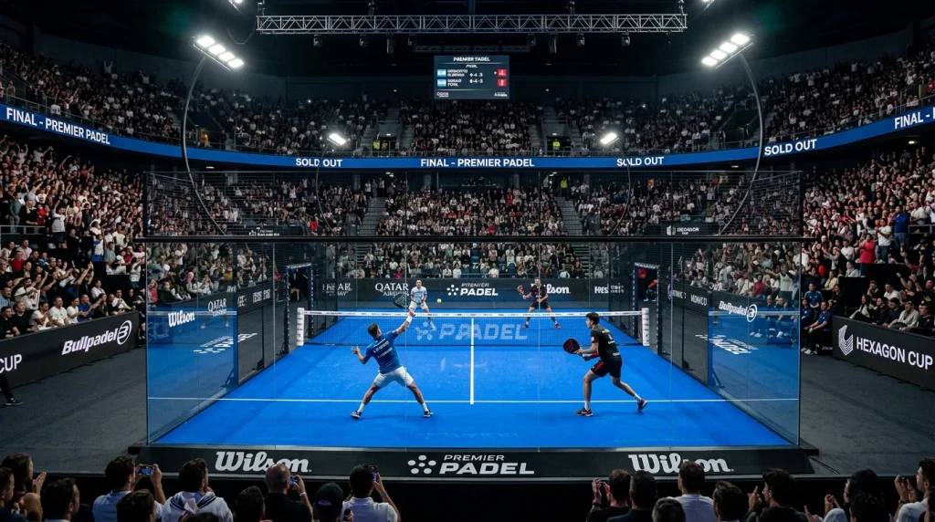 Palau Sant Jordi durante una final del Premier Padel con graderío lleno y pista central iluminada