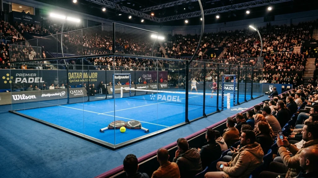 Pista central del Premier Padel iluminada al inicio de un torneo del circuito 2026 con grada parcial visible