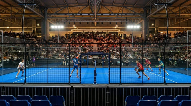 Pista azul de pádel desde la grada durante un partido nocturno del Premier Padel en España