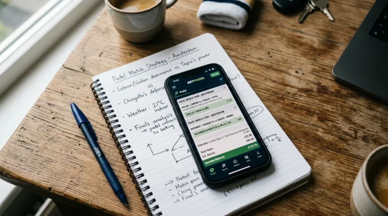 Pantalla de móvil mostrando una boleta de apuesta de pádel sobre un cuaderno con anotaciones manuscritas