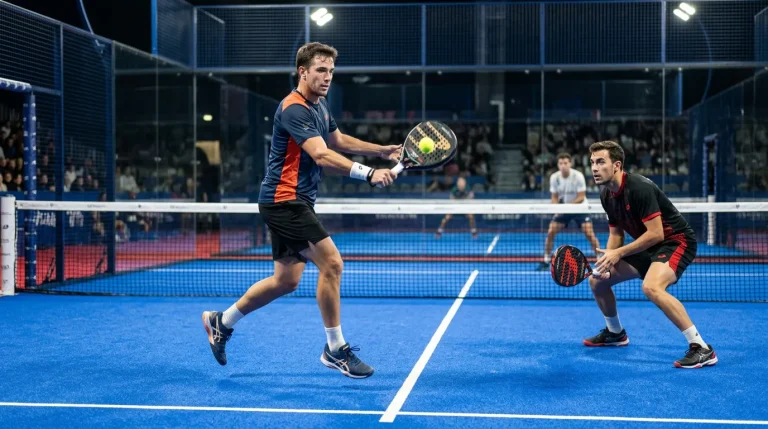 Jugador de pádel ejecutando una bandeja en pista azul del Premier Padel