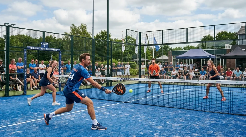 Pista de pádel exterior con cartelería del CUPRA FIP Tour y partido en juego ante grada moderada