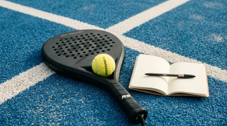 Pala de pádel y pelota amarilla junto a un cuaderno abierto sobre la pista azul