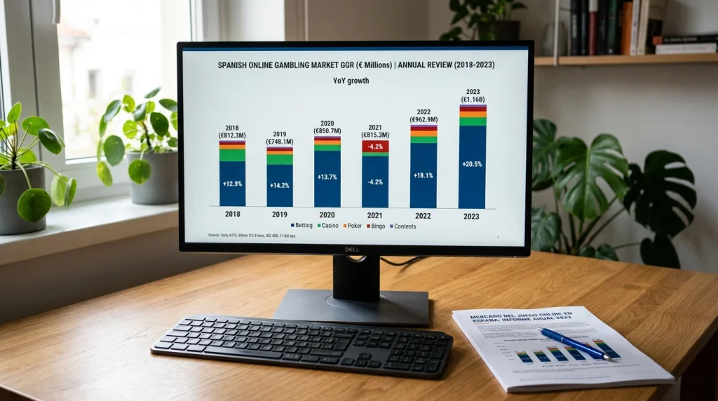 Gráfico anual del GGR del juego online en España con desglose por segmentos de producto