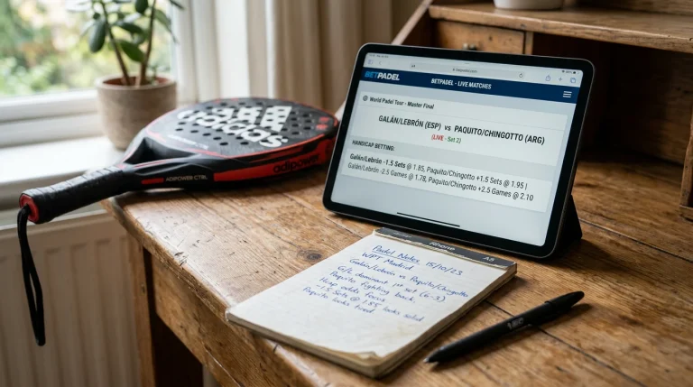 Tabla de cuotas con líneas de hándicap de juegos para un partido de Premier Padel y notas explicativas al margen