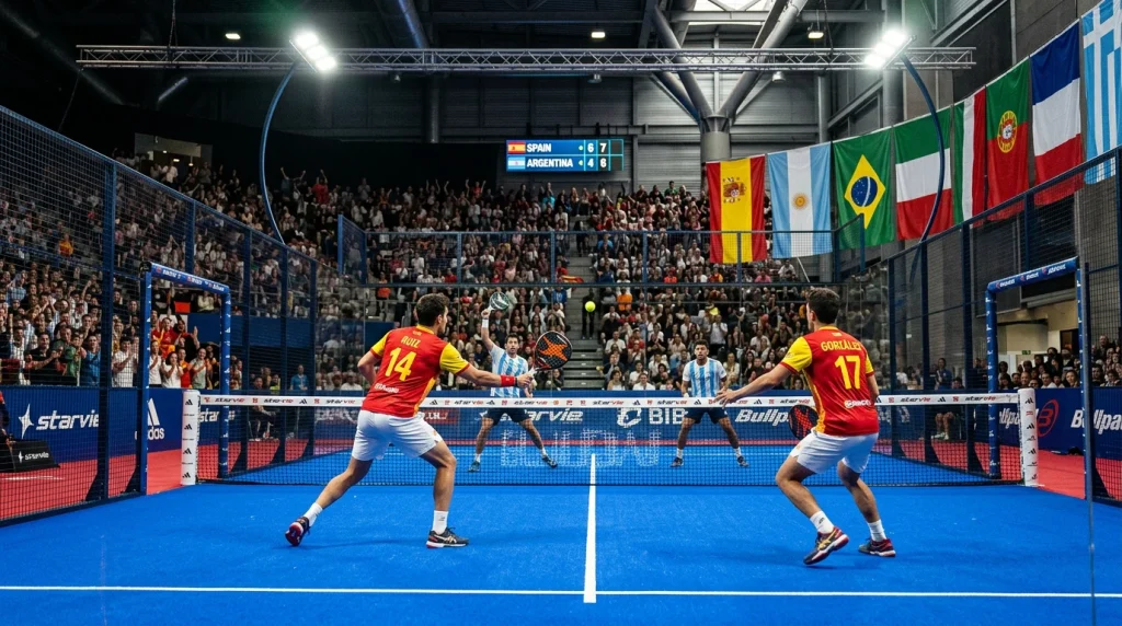 Pista de pádel con banderas de equipos sobre el lateral durante un partido de la Hexagon Cup ante público numeroso