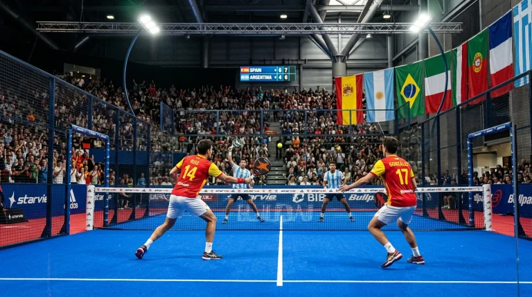 Pista de pádel con banderas de equipos sobre el lateral durante un partido de la Hexagon Cup ante público numeroso