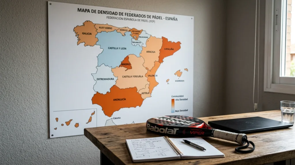 Mapa de España con densidad de licencias federativas de pádel por comunidad autónoma