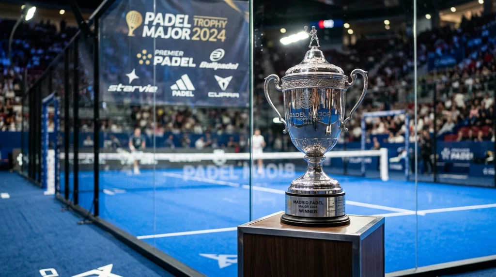 Trofeo de un Major de Premier Padel sobre pedestal con cartel oficial del torneo al fondo