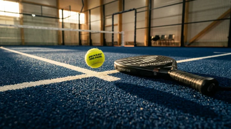 Pelota amarilla y pala de pádel sobre la pista azul de un Premier Padel iluminado