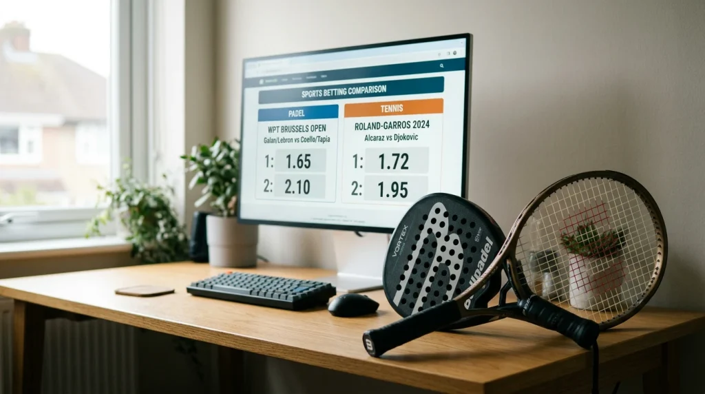 Pantalla comparativa con cuotas de apuestas de un partido de pádel junto a un partido de tenis