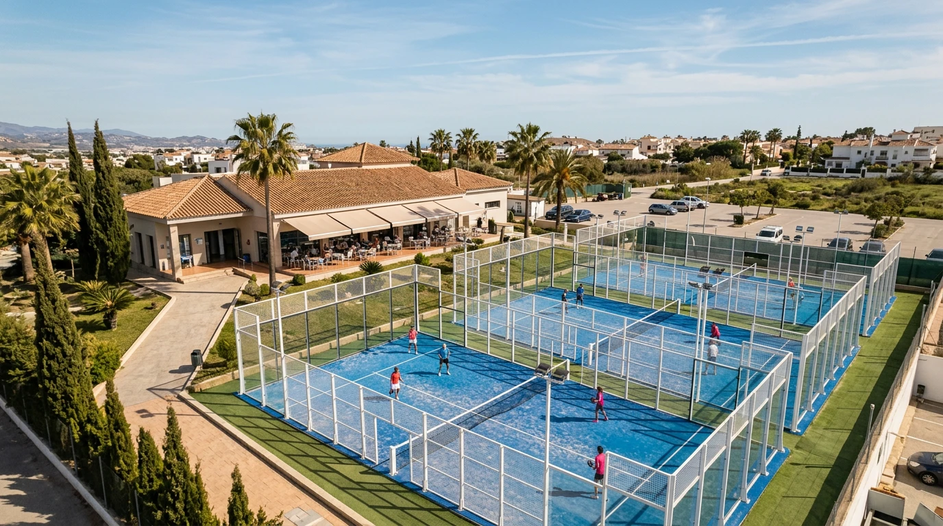 Vista aérea de un club español con varias pistas de pádel y jugadores en partido
