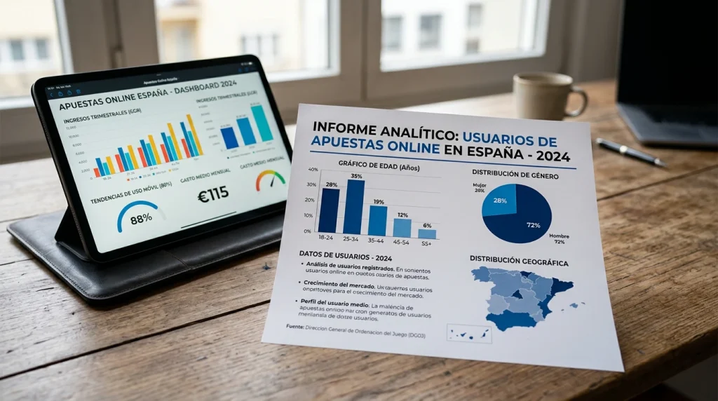 Infografía sobre una mesa con gráficos de distribución de apostadores online por edad y género