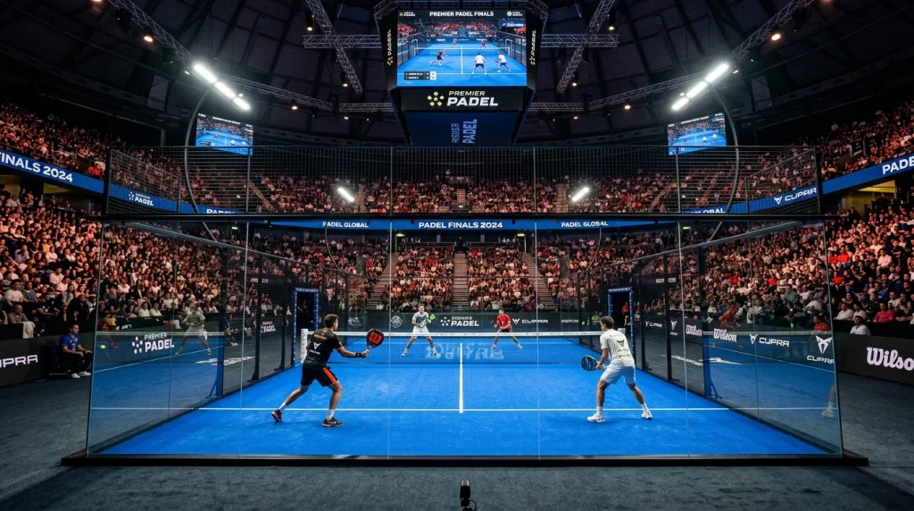Vista general del Palau Sant Jordi durante una jornada de las Premier Padel Finals con público lleno y pista central iluminada