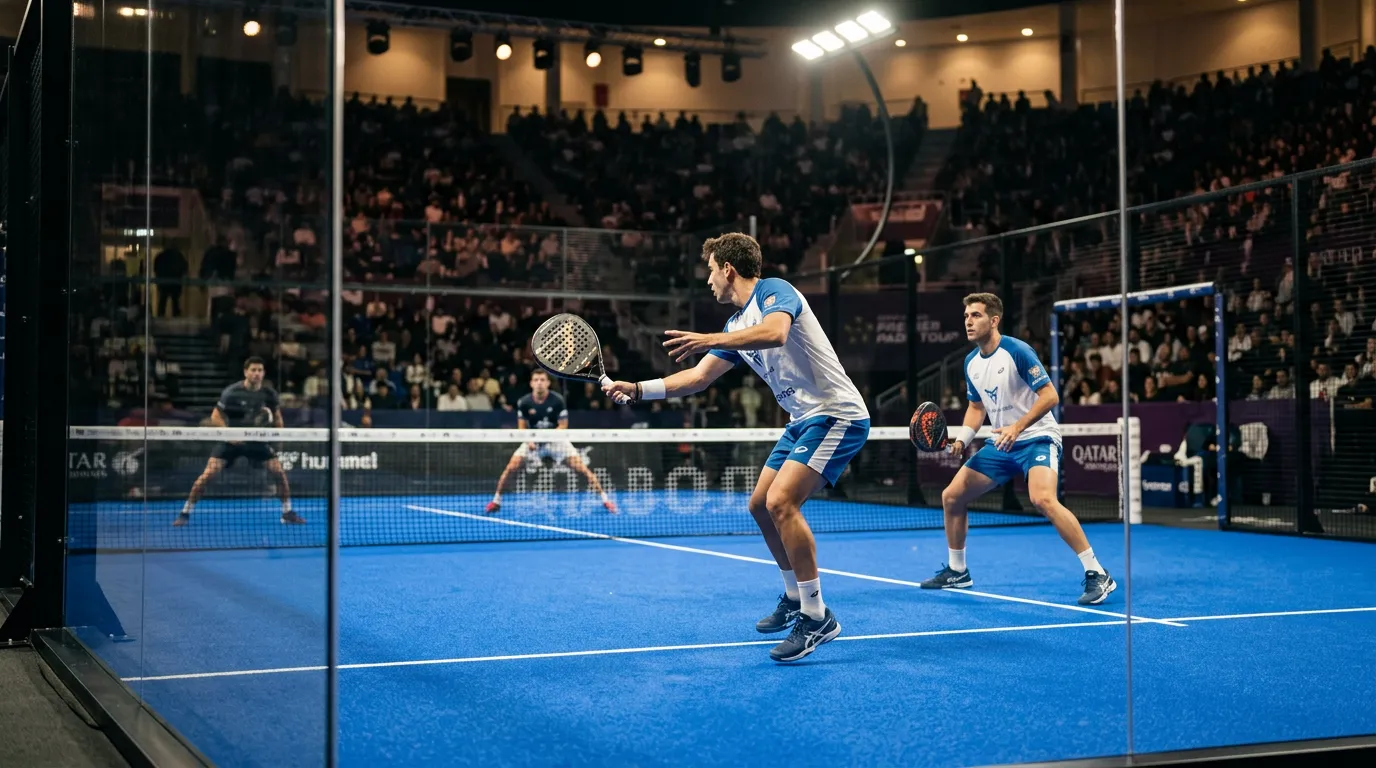 Pareja de jugadores profesionales del Qatar Airways Premier Padel Tour disputando un punto en pista cubierta