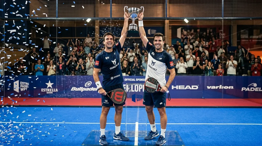 Pareja ganadora levantando un trofeo en el centro de la pista al cierre de un torneo del Premier Padel
