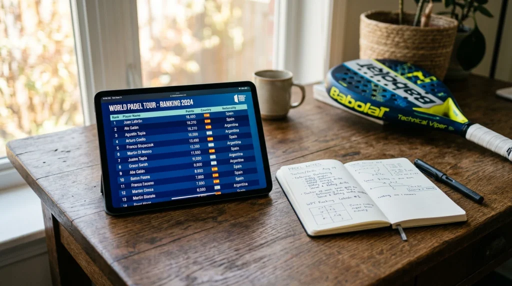 Tablet sobre una mesa de trabajo mostrando la tabla de ranking FIP de pádel con anotaciones en una libreta junto al dispositivo