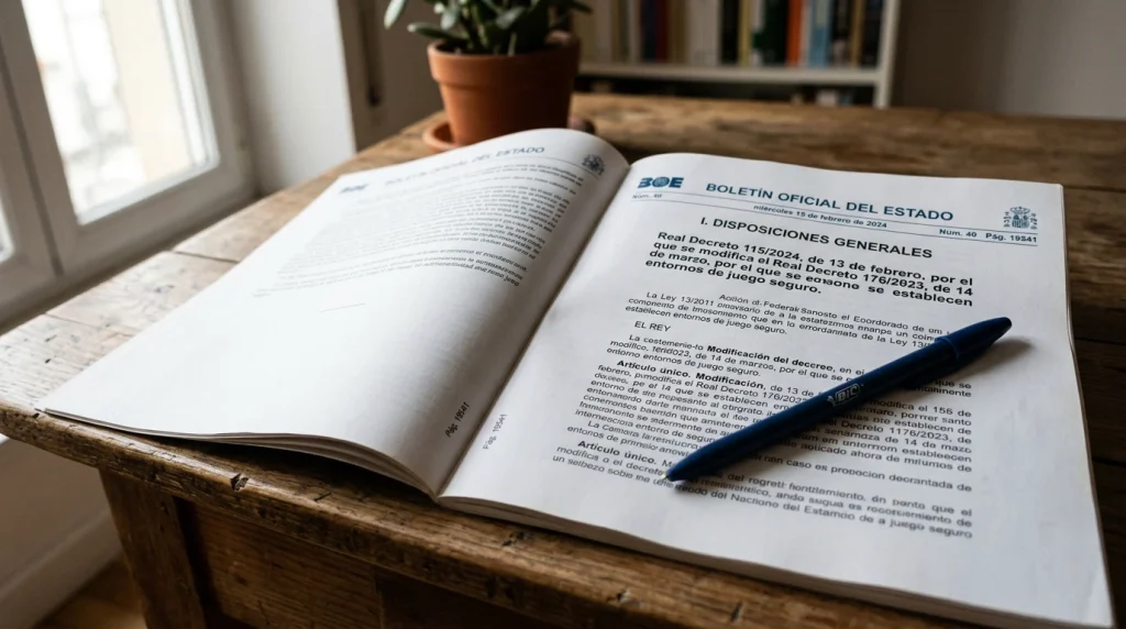 BOE en formato impreso mostrando el texto del Real Decreto 176/2023 sobre entornos seguros de juego